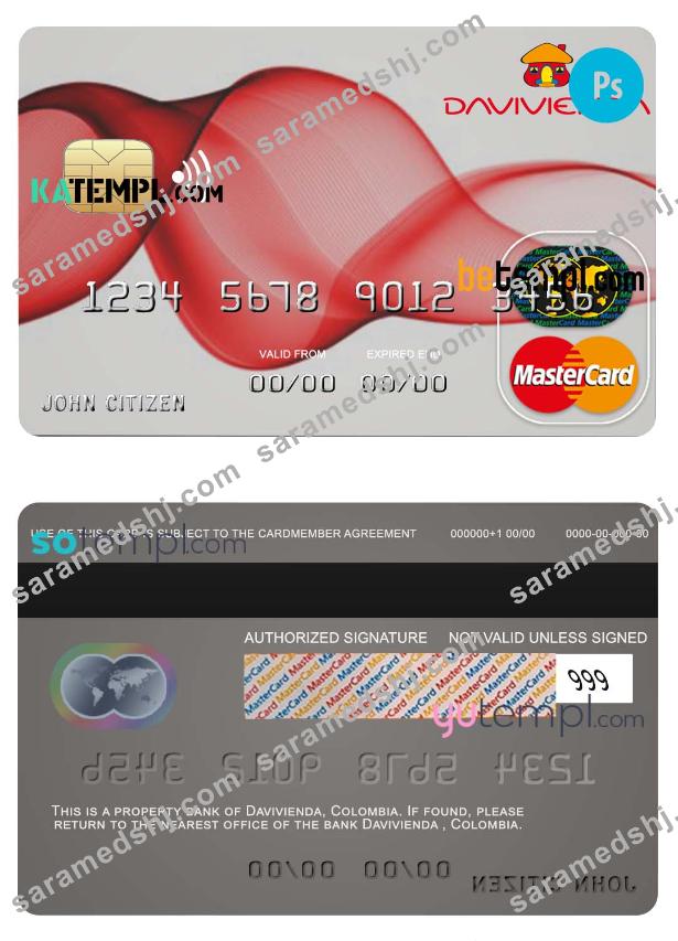 Colombia Davivienda bank mastercard credit card template in PSD format, fully editable